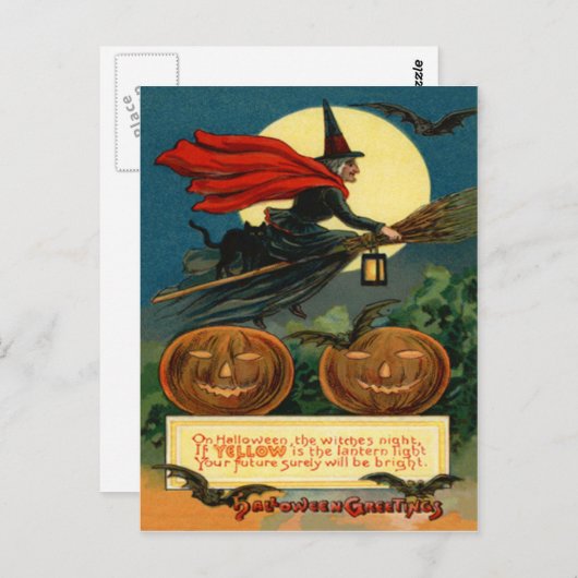 Witch Broom Flying Jack O Lantern Black Cat Bat Briefkaart (Voorkant / Achterkant)