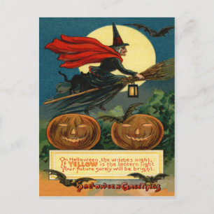 Witch Broom Flying Jack O Lantern Black Cat Bat Briefkaart