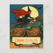 Witch Broom Flying Jack O Lantern Black Cat Bat Briefkaart (Voorkant)