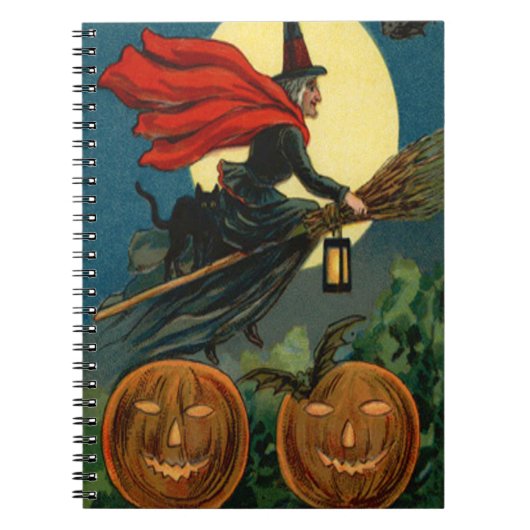 Witch Broom Flying Jack O Lantern Black Cat Bat Notitieboek (Voorkant)