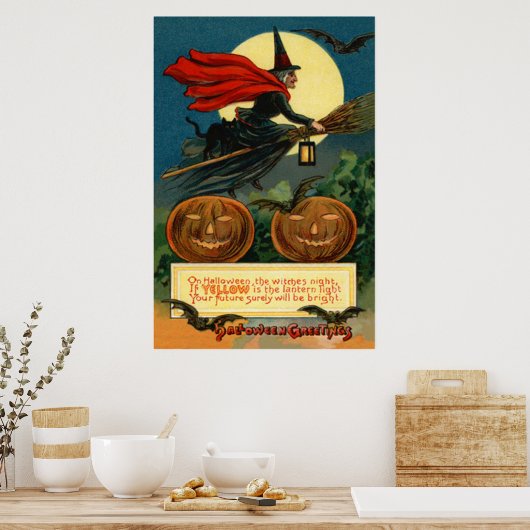 Witch Broom Flying Jack O Lantern Black Cat Bat Poster (Keuken)