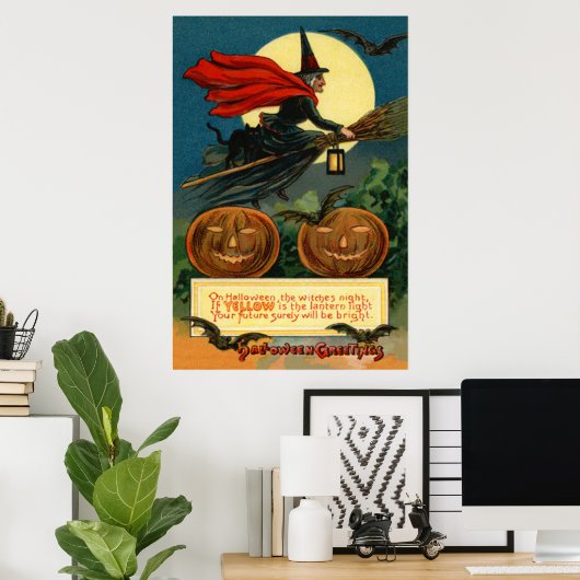Witch Broom Flying Jack O Lantern Black Cat Bat Poster (Thuiskantoor)