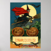 Witch Broom Flying Jack O Lantern Black Cat Bat Poster (Voorkant)