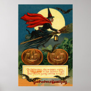 Witch Broom Flying Jack O Lantern Black Cat Bat Poster