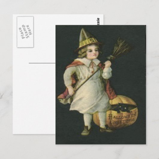 Witch Broom Jack O Lantern Pumpkin Black Cat Briefkaart (Voorkant / Achterkant)