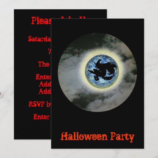 Witch Broomstick Blue Moon Halloween Uitnodiging (Voorkant / Achterkant)