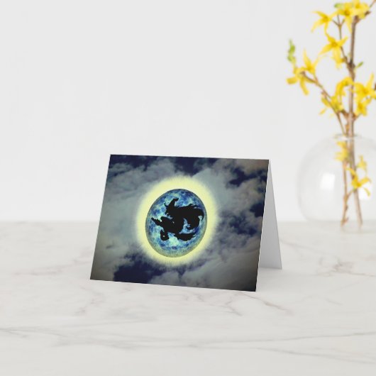 Witch Broomstick Full Moon Halloween Note Kaart (Gele Bloem)