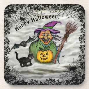 Witch, Cat, Bat en Pumpkin, Happy Halloween! Bier Onderzetter