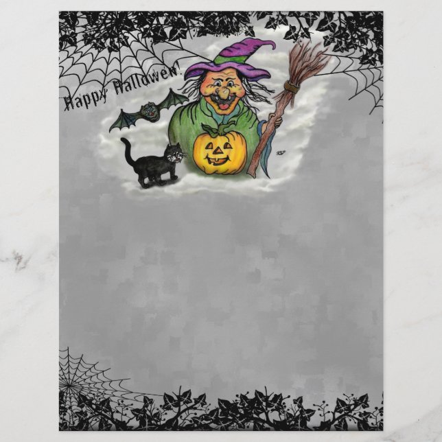 Witch, Cat, Bat en Pumpkin, Happy Halloween! Briefhoofd (Voorkant)