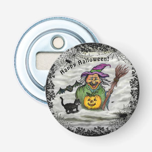 Witch, Cat, Bat en Pumpkin, Happy Halloween! Button Flesopener
