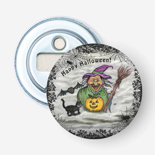 Witch, Cat, Bat en Pumpkin, Happy Halloween! Button Flesopener (Voorkant)
