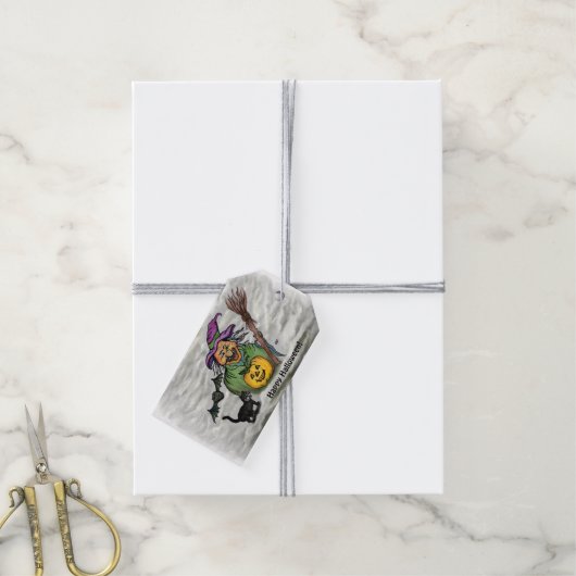 Witch, Cat, Bat en Pumpkin, Happy Halloween! Cadeaulabel (Met Touw)