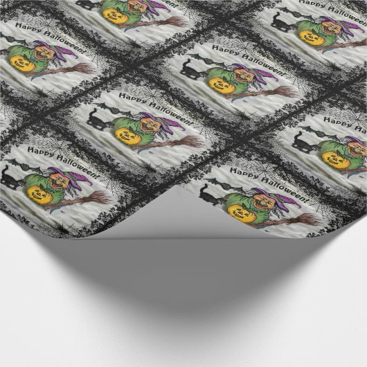 Witch, Cat, Bat en Pumpkin, Happy Halloween! Cadeaupapier (Hoek)