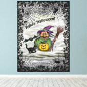Witch, Cat, Bat en Pumpkin, Happy Halloween! Canvas Afdruk (Insitu (Houten vloer))