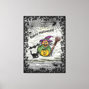 Witch, Cat, Bat en Pumpkin, Happy Halloween! Canvas Afdruk