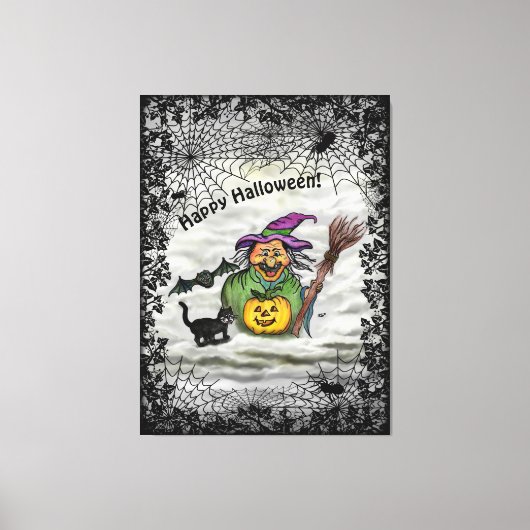 Witch, Cat, Bat en Pumpkin, Happy Halloween! Canvas Afdruk (Voorkant)