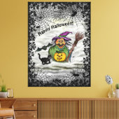 Witch, Cat, Bat en Pumpkin, Happy Halloween! Canvas Afdruk (Insitu (Woonkamer))