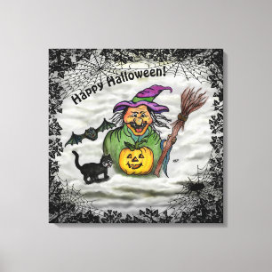 Witch, Cat, Bat en Pumpkin, Happy Halloween! Canvas Afdruk