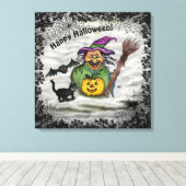 Witch, Cat, Bat en Pumpkin, Happy Halloween! Canvas Afdruk (Insitu (Houten vloer))