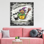 Witch, Cat, Bat en Pumpkin, Happy Halloween! Canvas Afdruk (Insitu (Woonkamer))