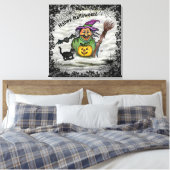 Witch, Cat, Bat en Pumpkin, Happy Halloween! Canvas Afdruk (Insitu (Slaapkamer))