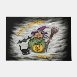 Witch, Cat, Bat en Pumpkin, Happy Halloween! Deurmat