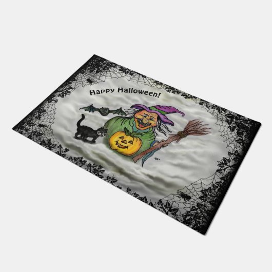 Witch, Cat, Bat en Pumpkin, Happy Halloween! Deurmat (Schuin)