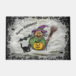 Witch, Cat, Bat en Pumpkin, Happy Halloween! Deurmat