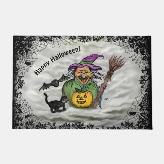 Witch, Cat, Bat en Pumpkin, Happy Halloween! Deurmat (Voorkant)