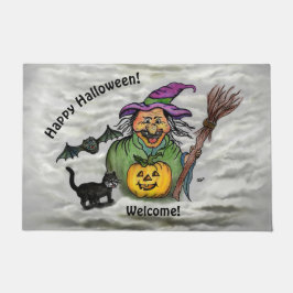 Witch, Cat, Bat en Pumpkin, Happy Halloween! Deurmat