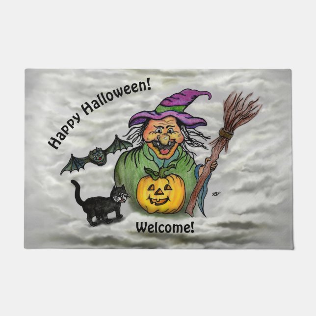 Witch, Cat, Bat en Pumpkin, Happy Halloween! Deurmat (Voorkant)