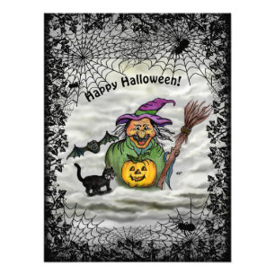 Witch, Cat, Bat en Pumpkin, Happy Halloween! Foto Afdruk