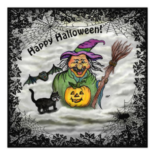 Witch, Cat, Bat en Pumpkin, Happy Halloween! Foto Afdruk