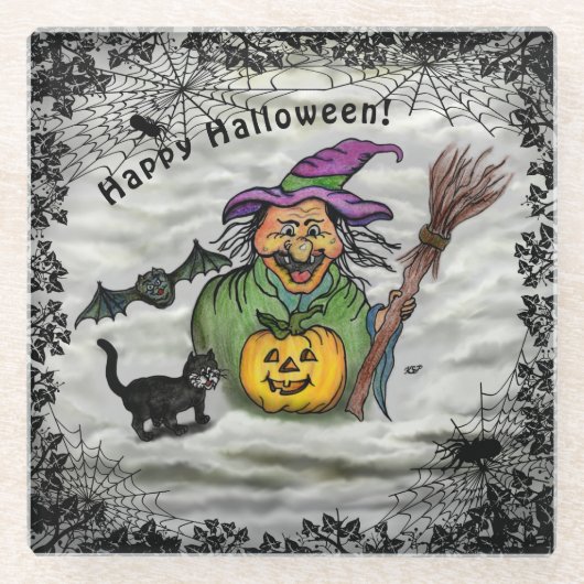 Witch, Cat, Bat en Pumpkin, Happy Halloween! Glazen Onderzetter (Voorkant)