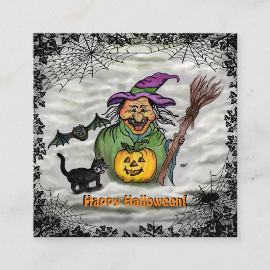 Witch, Cat, Bat en Pumpkin, Happy Halloween! Informatiekaartje (Voorkant)