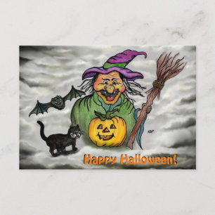 Witch, Cat, Bat en Pumpkin, Happy Halloween! Informatiekaartje