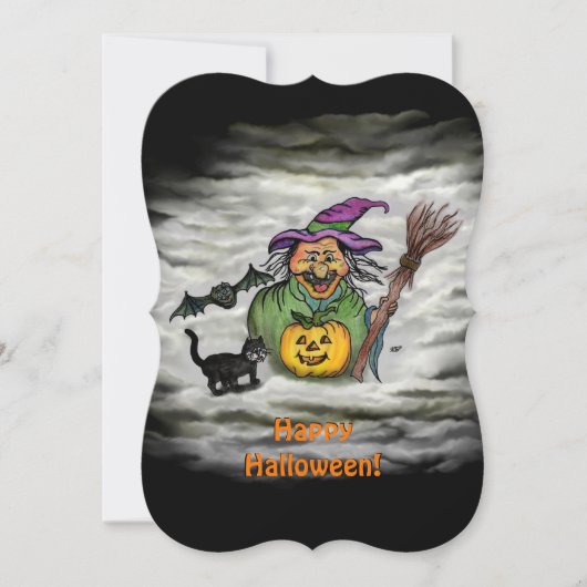 Witch, Cat, Bat en Pumpkin, Happy Halloween! Kaart (Voorkant)