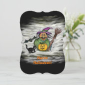 Witch, Cat, Bat en Pumpkin, Happy Halloween! Kaart (Staand voorkant)