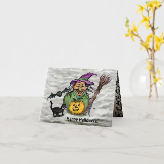 Witch, Cat, Bat en Pumpkin, Happy Halloween! Kaart (Gele Bloem)