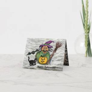 Witch, Cat, Bat en Pumpkin, Happy Halloween! Kaart
