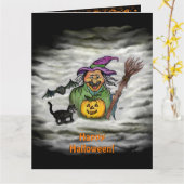 Witch, Cat, Bat en Pumpkin, Happy Halloween! Kaart (Gele Bloem)