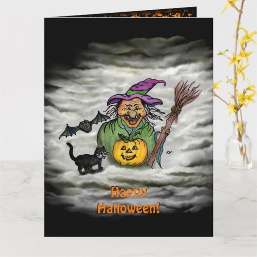Witch, Cat, Bat en Pumpkin, Happy Halloween! Kaart (Gele Bloem)