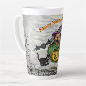 Witch, Cat, Bat en Pumpkin, Happy Halloween! Latte Mok (Linkerhoek)