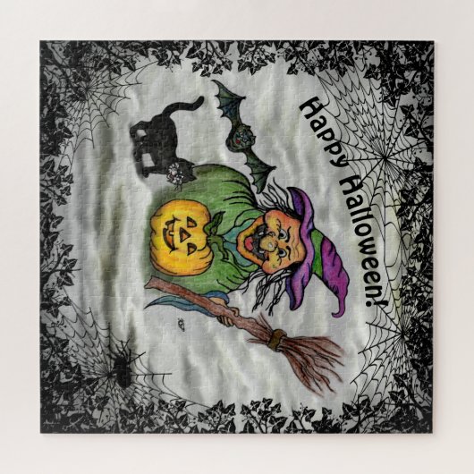 Witch, Cat, Bat en Pumpkin, Happy Halloween! Legpuzzel (Horizontaal)