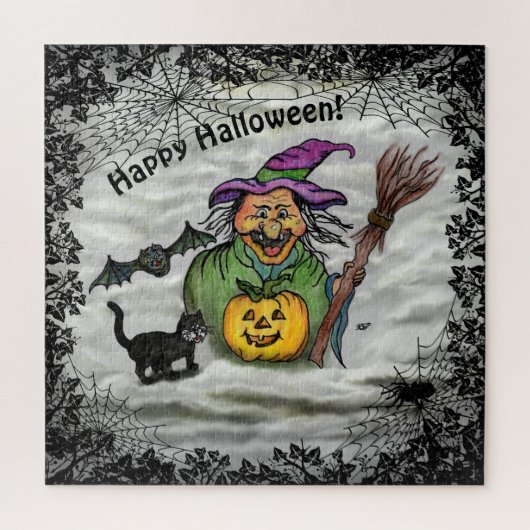 Witch, Cat, Bat en Pumpkin, Happy Halloween! Legpuzzel (Verticaal)