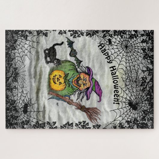 Witch, Cat, Bat en Pumpkin, Happy Halloween! Legpuzzel (Horizontaal)