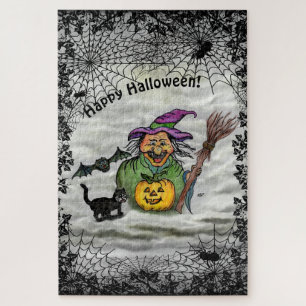 Witch, Cat, Bat en Pumpkin, Happy Halloween! Legpuzzel