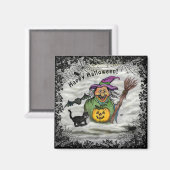 Witch, Cat, Bat en Pumpkin, Happy Halloween! Magneet (Voorkant / Achterkant)