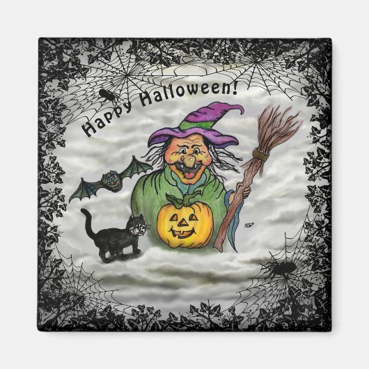 Witch, Cat, Bat en Pumpkin, Happy Halloween! Magneet (Voorkant)