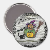 Witch, Cat, Bat en Pumpkin, Happy Halloween! Magneet (Voorkant / Achterkant)